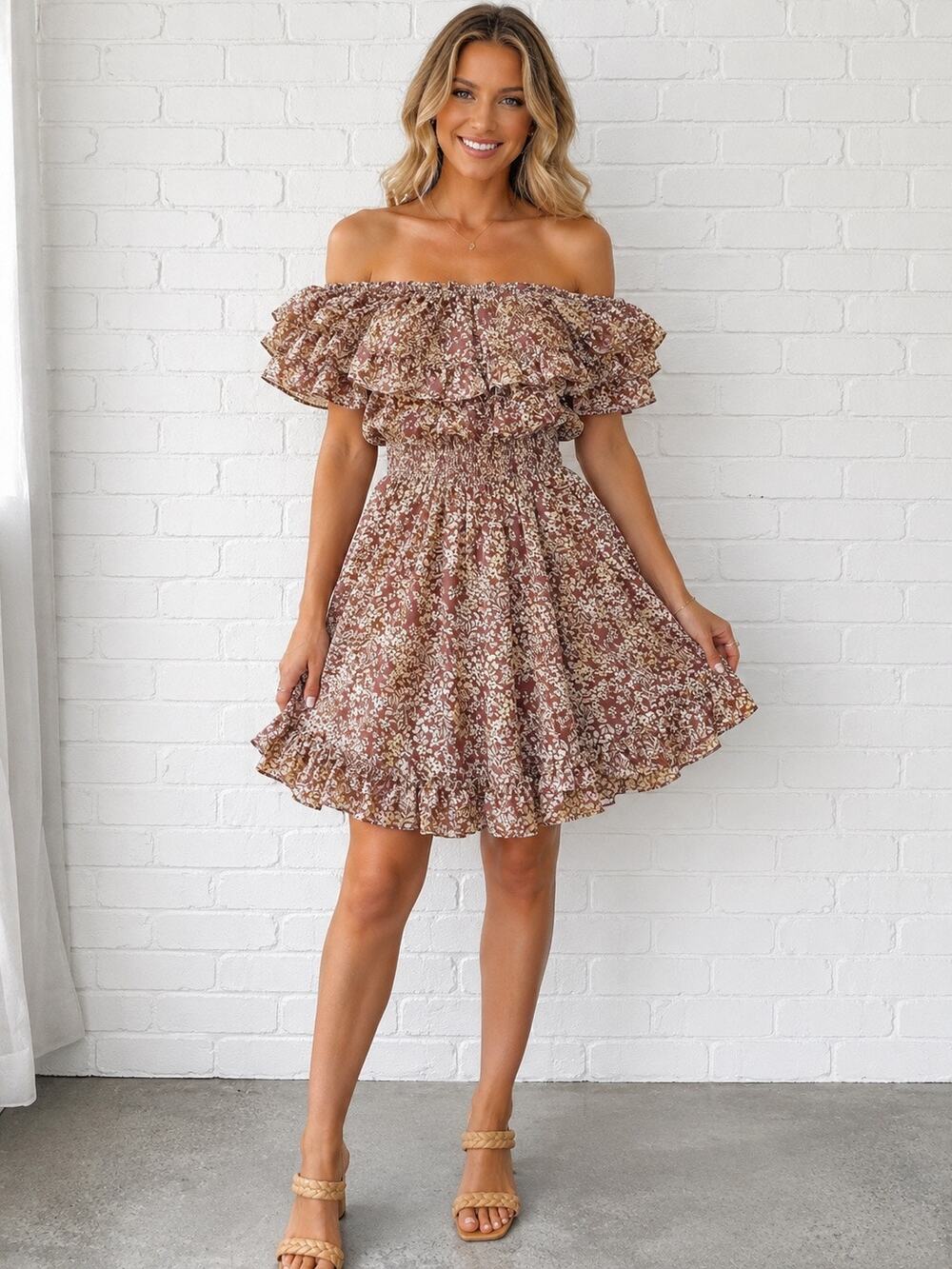 Hello Molly Floral Off Shoulder Mini Dress Ruffle Puff Sleeve Smocked XS Boho - Picture 1 of 9